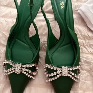 Zara Satin Green kitten heel Slingback with Rhinestone Bow sz 39
